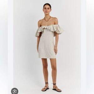DISSH Isabelle Linen Mini Dress Natural Off Shoulder Ruffle NWT US 8